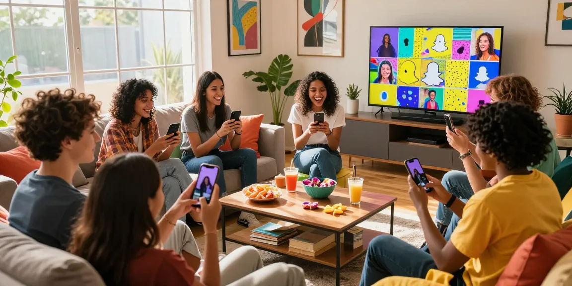 Friends enjoying SnapChat mega moments in a cozy living room, showcasing vibrant social interactions and digital connectivity.