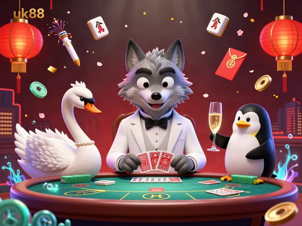 Experience thrilling baccarat action with uk88 featuring a classy wolf, swan, and penguin in a vibrant casino.