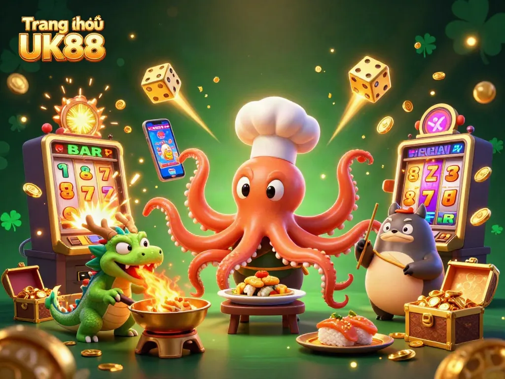 Engage in exciting gaming at Trang chủ UK88 with vibrant casino characters and dynamic slot action.