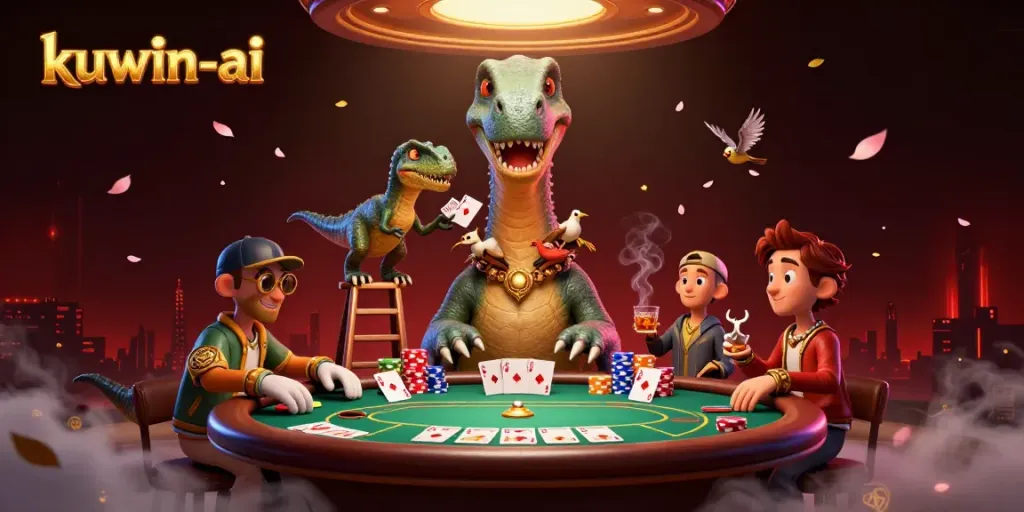 Engage in thrilling poker with kuwin-ai as a massive dinosaur looks down at the action.