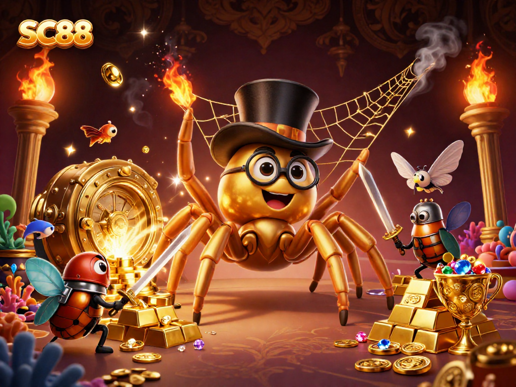 Engage in thrilling gameplay at SC88 with a golden tarantula and knight in a vibrant casino scene.