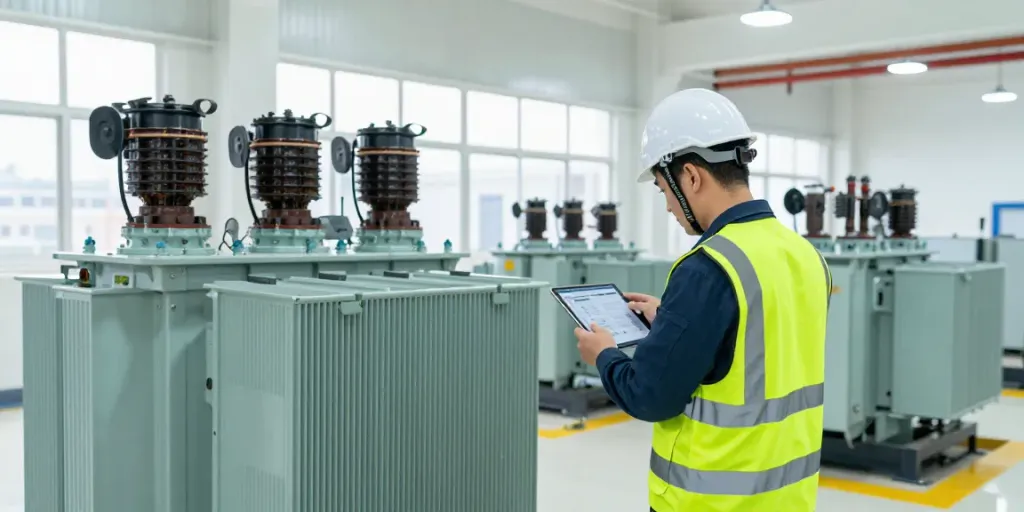 Professionele technicus inspecteert medium voltage transformers in een moderne industriële omgeving.