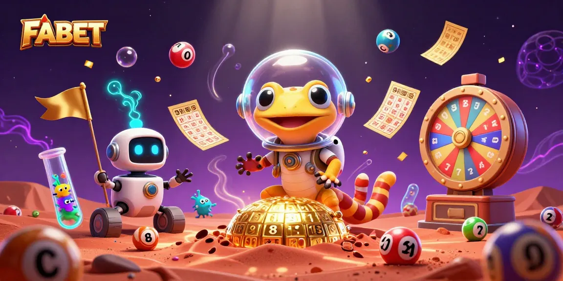 Engage with FABET's vibrant digital casino, showcasing colorful lottery balls and animated elements in a Martian setting.