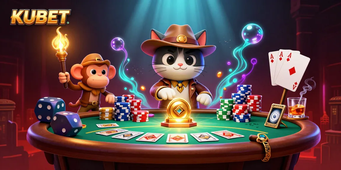 KUBET players explore an ancient casino artifact surrounded by poker elements in a vibrant scene