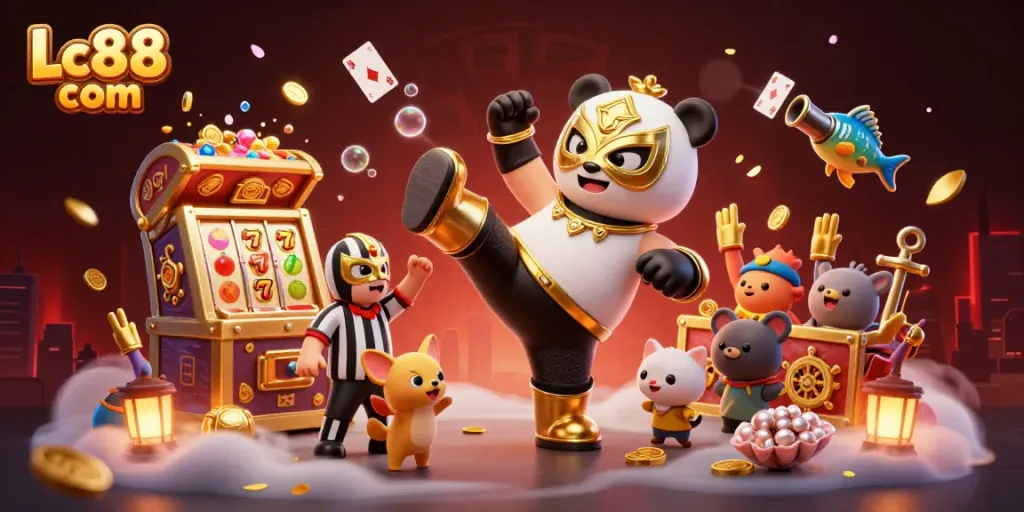 Experience the thrill of Lc88 com with a dynamic 3D scene featuring a panda wrestling and exciting casino elements.