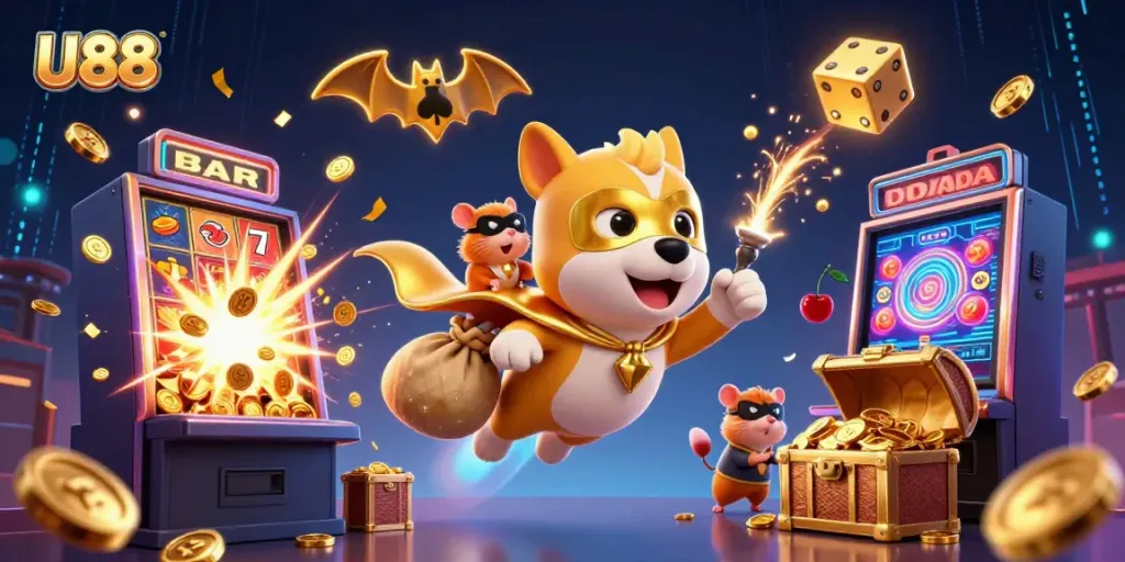 Win big with U88 in this vibrant casino-themed illustration featuring a superhero dog and dynamic slot machines.