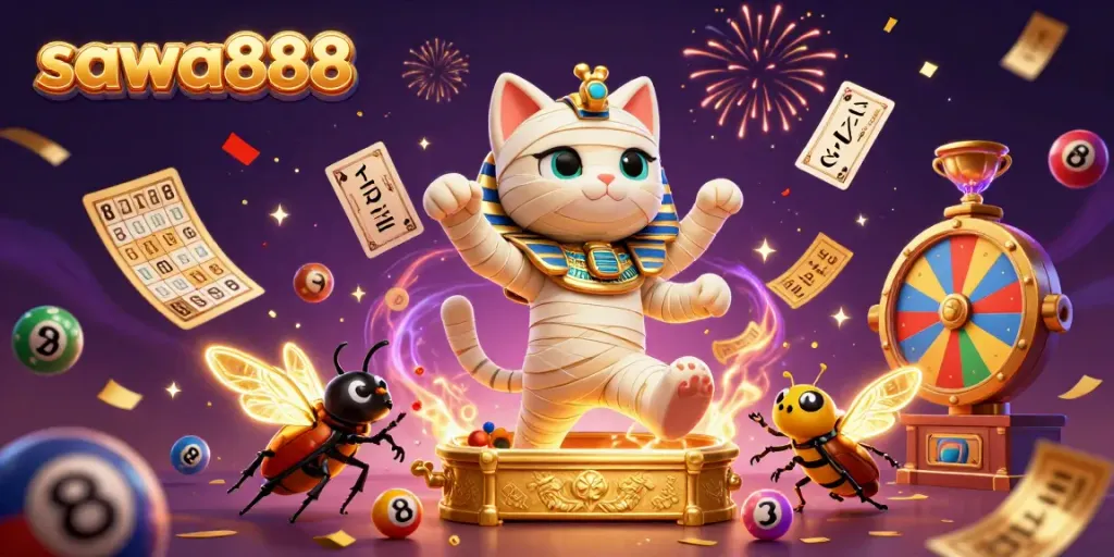 Win big with sawa888 in this vibrant casino scene featuring a mummy cat and golden elements.