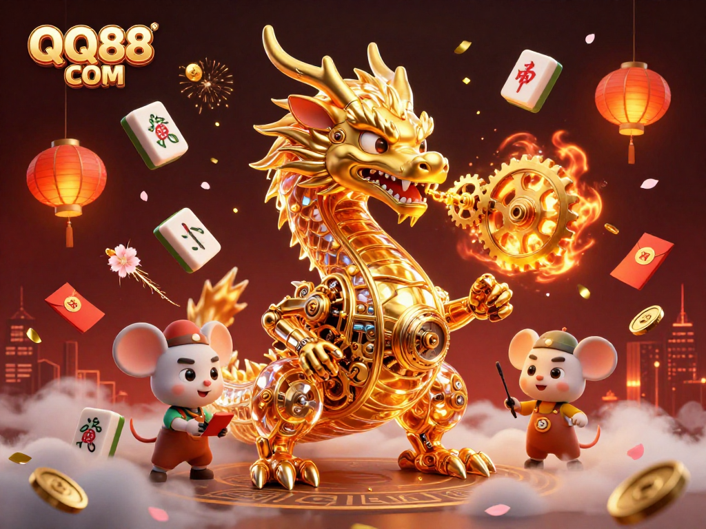 Engage in thrilling gaming at QQ88 COM with vibrant 3D illustration showcasing rich casino elements and dynamic action.