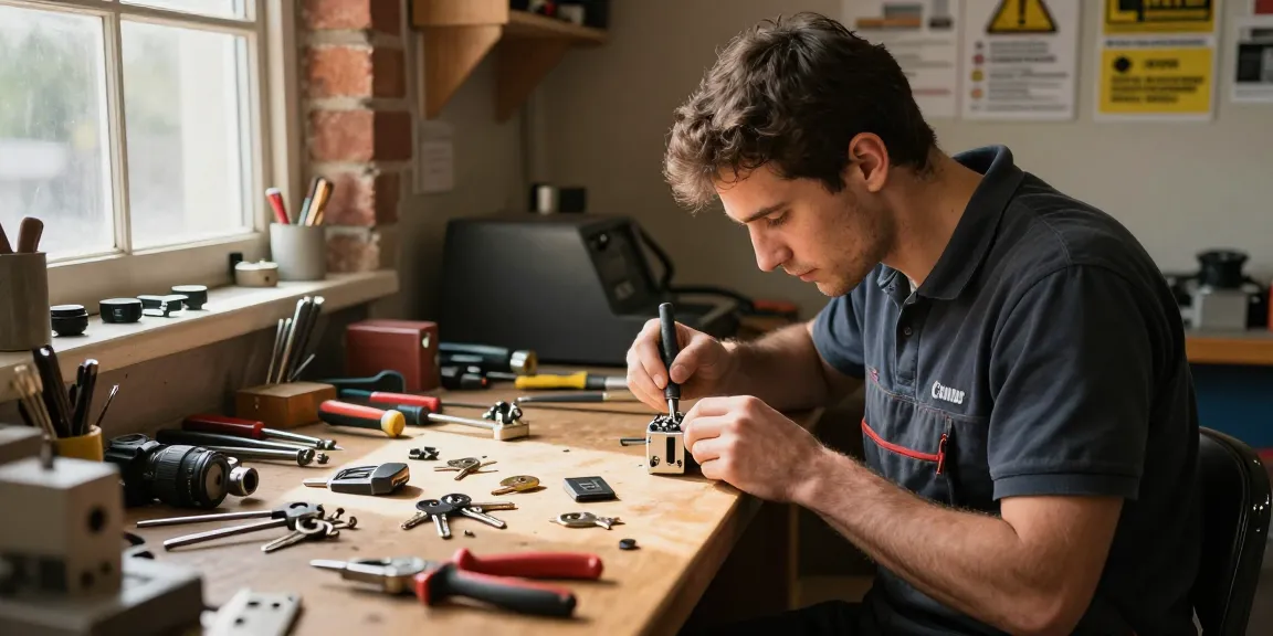 Slotenmaker repareert slotmechanisme in werkplaats met gereedschap.