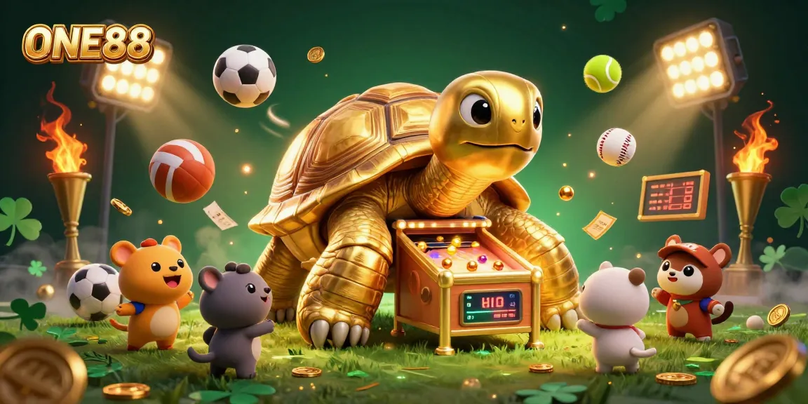 Engage with ONE88's vibrant casino world, featuring a colossal golden tortoise and thrilling sports elements.