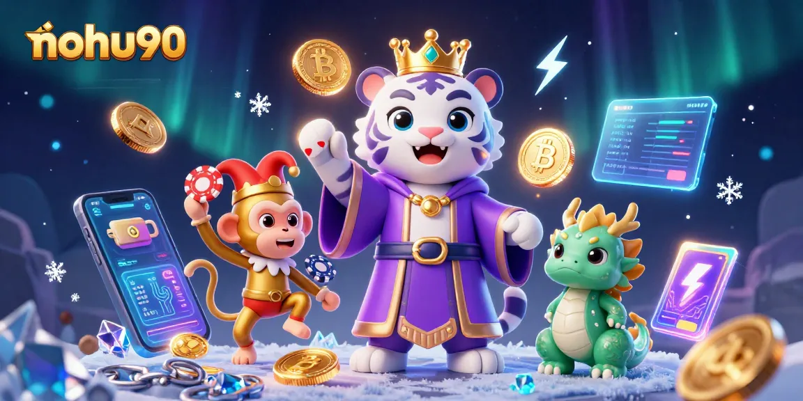 Engage with nohu90's vibrant crypto-casino scene featuring a royal tiger and playful monkey.
