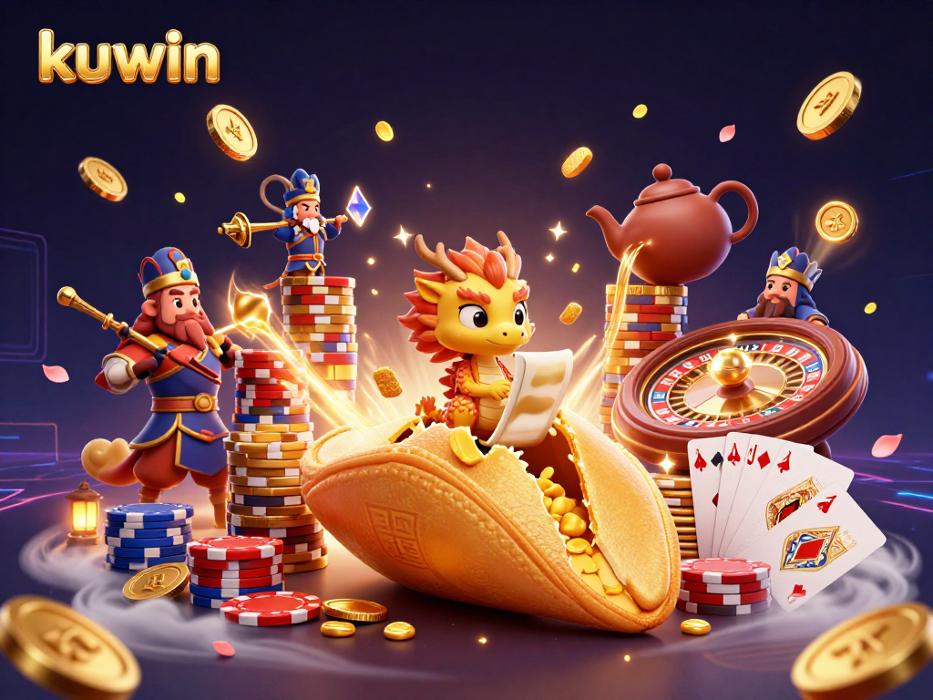 Kuwin showcases a golden fortune cookie scene with dragon and casino elements, sparking excitement in gaming.