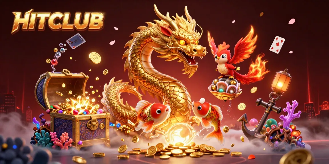 Experience HITCLUB's thrilling world with a dragon and phoenix over a treasure chest in a vibrant casino theme.