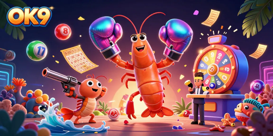 Play exciting lottery games at OK9 with vibrant elements and dynamic characters in a thrilling casino setting.