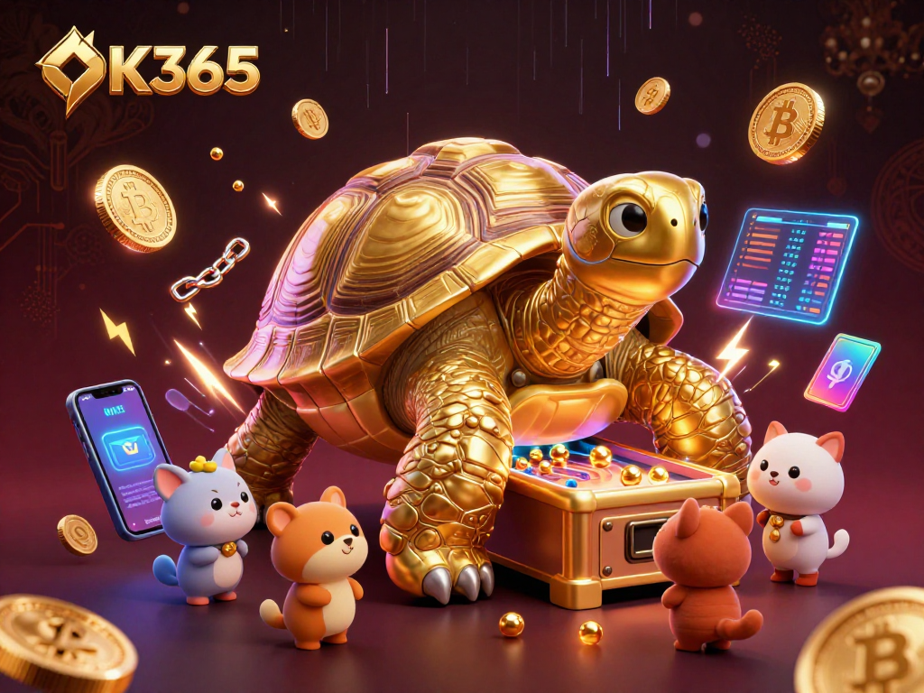 Experience the gaming excitement at OK365 with a dynamic scene featuring a colossal golden tortoise and crypto elements.