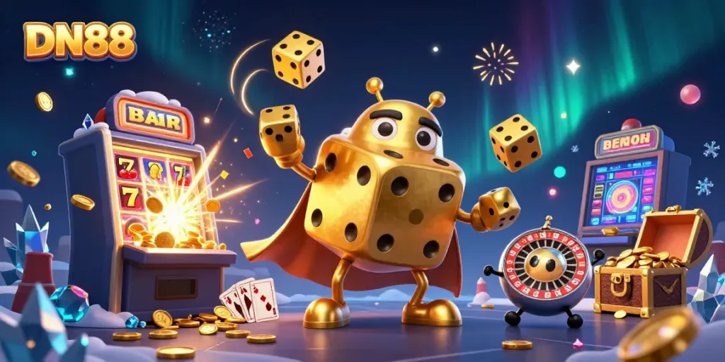 Engage with DN88's dynamic casino experience as a golden dice golem showcases thrilling games and excitement.