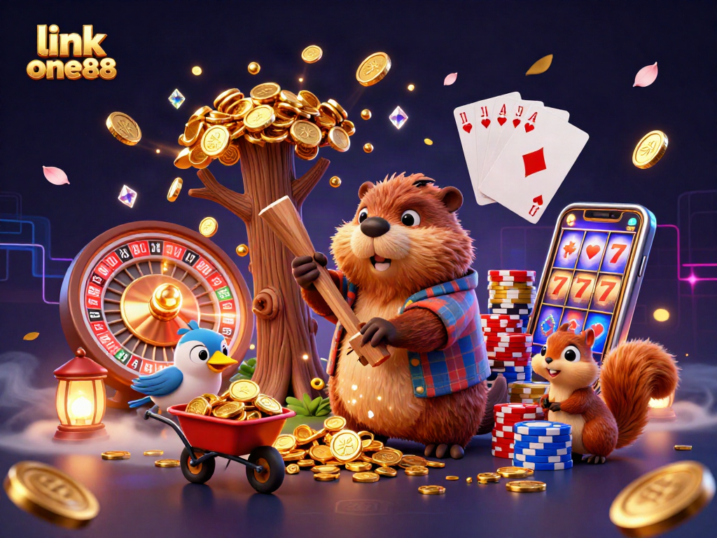 link one88 showcases a cartoon beaver collecting golden coins in a vibrant casino scene.