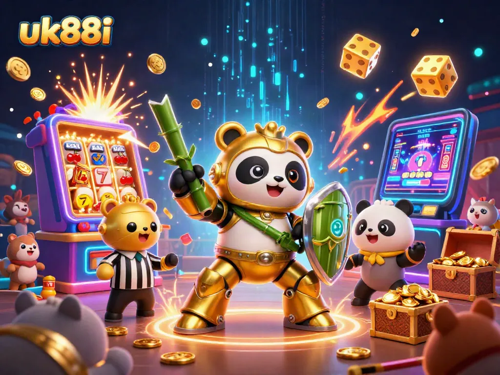 Experience thrilling gaming action at uk88i with a dynamic 3D casino scene featuring a golden panda and vibrant slot machines.
