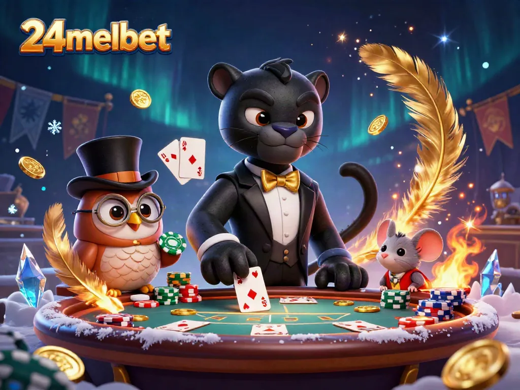 24melbet gaming scene featuring a stylish panther dealing poker cards with an owl and mouse assist.