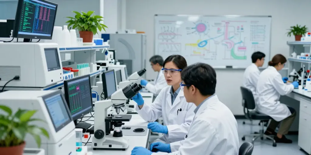 Scientists analyzing H19 gene data in a modern lab with cutting-edge equipment.