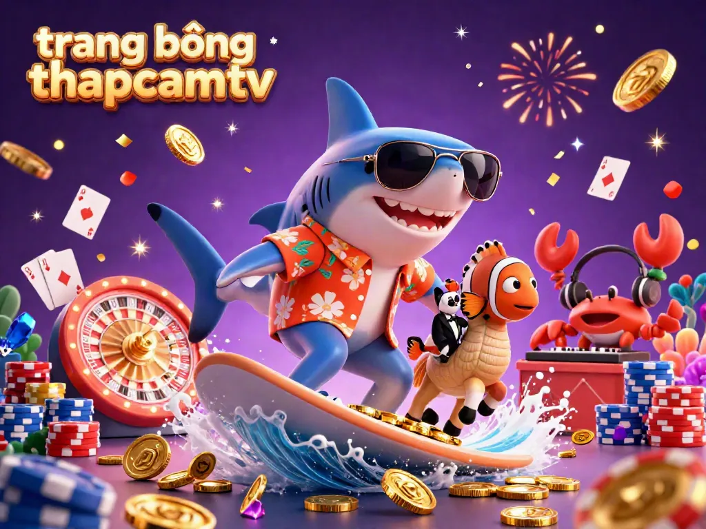 Engage with the dynamic world of trang bóng thapcamtv, showcasing a shark surfing on gold coins amidst exciting casino elements.