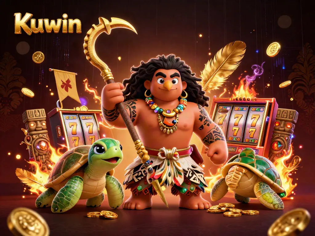 Kuwin's vibrant casino scene featuring a demigod hawk with gold coins and slot reels.
