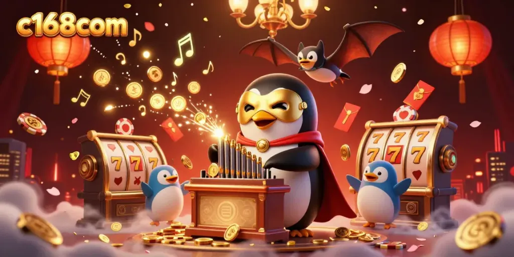 Engage with c168com's vibrant casino world featuring animated characters amidst rich gaming elements.