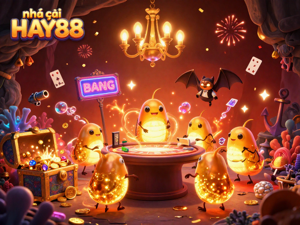 Experience the thrilling atmosphere at nhà cái HAY88 in this vibrant 3D casino scene with glowworms and a bat dealer.