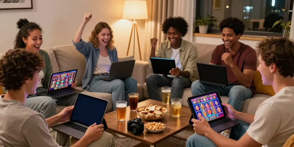 People enjoying engaging slot online games on handheld devices in a cozy living room.