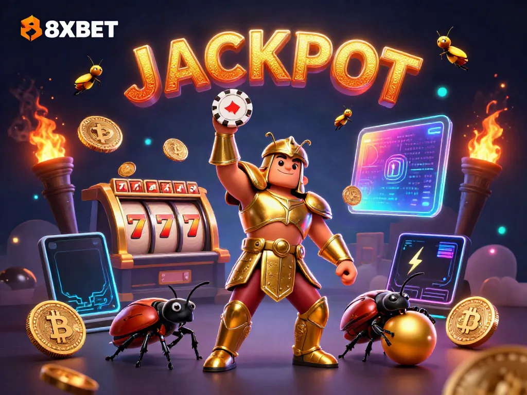 Experience the excitement of 8XBET with a winning beetle character at a vibrant casino.