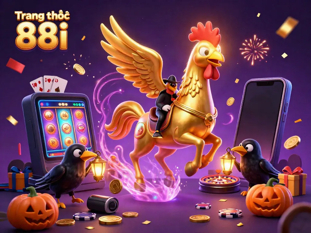Engaging 3D art of Trang chủ 88i showcasing a golden rooster riding a spectral horse in a vibrant casino setting, surrounded by gaming elements.