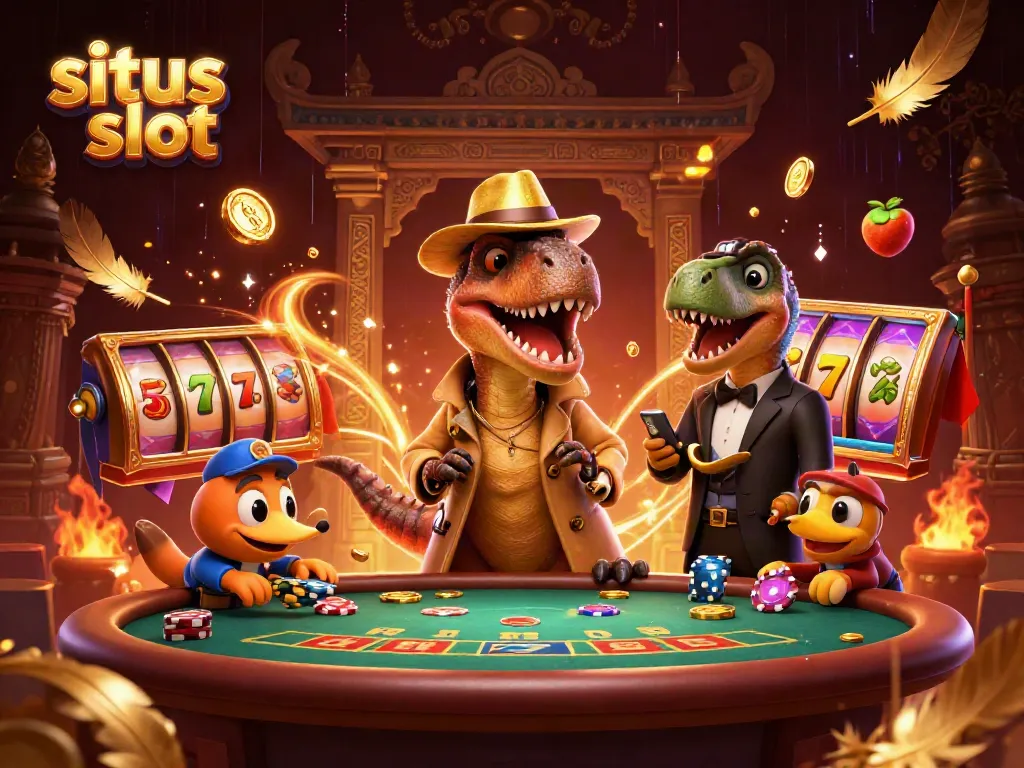 Engaging scene of a situs slot game with a velociraptor card counter and stegosaurus boss illustrating playful gambling dynamics.