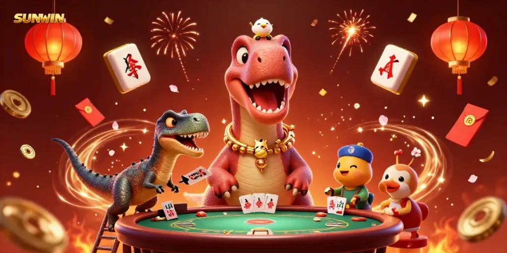 Experience thrilling gameplay at SUNWIN with vibrant casino characters, celebrating amidst casino magic.