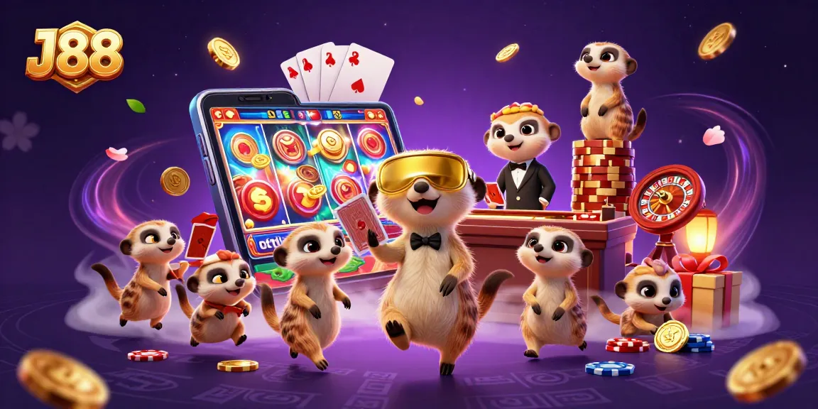 Experience J88's exciting casino culture with cartoon meerkats dealing cards and celebrating wins.