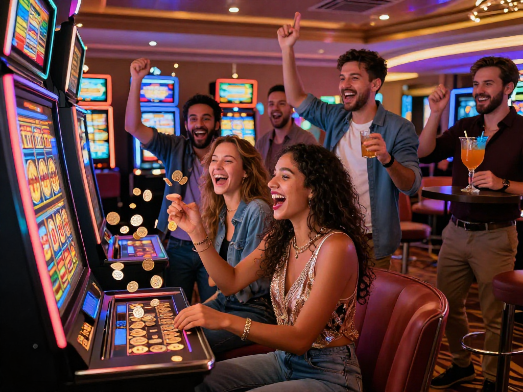 Friends celebrating a big win at a slot jackpot in a vibrant casino atmosphere.