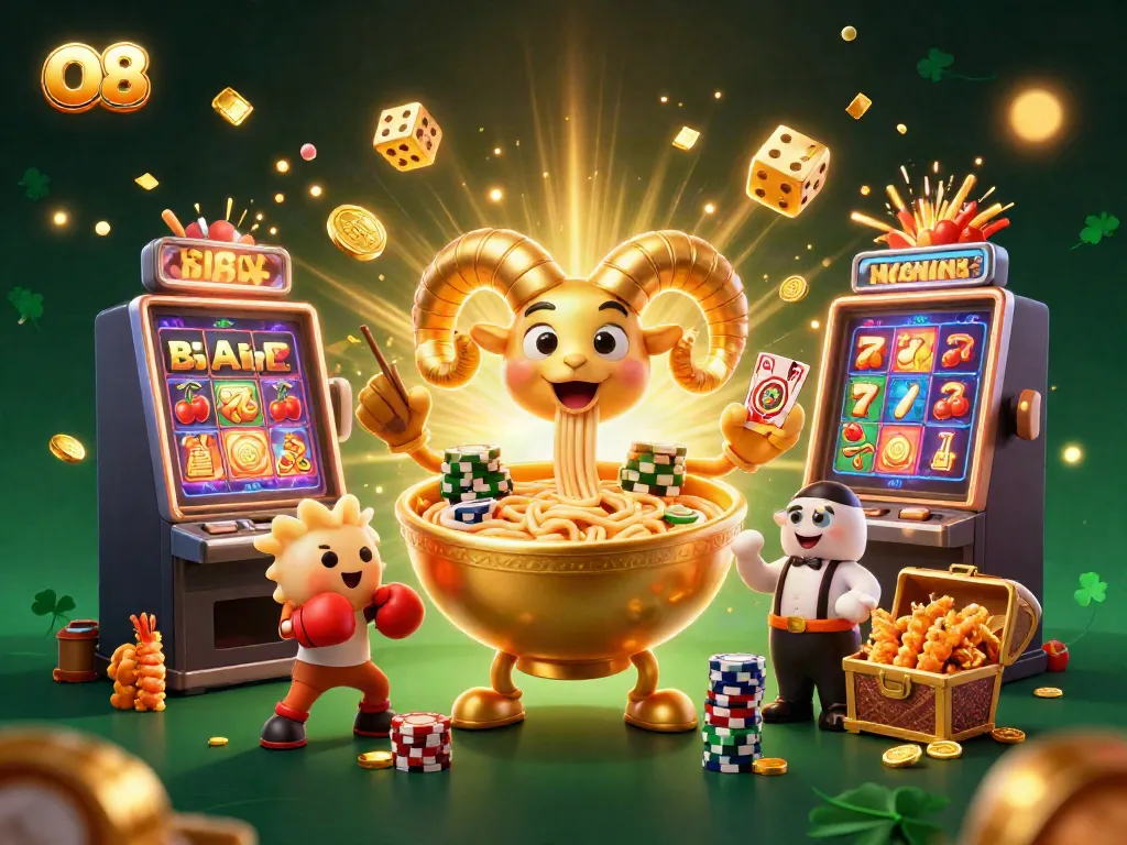 O8 features a vibrant 3D illustration of a giant ramen bowl casino scene with exciting game elements.