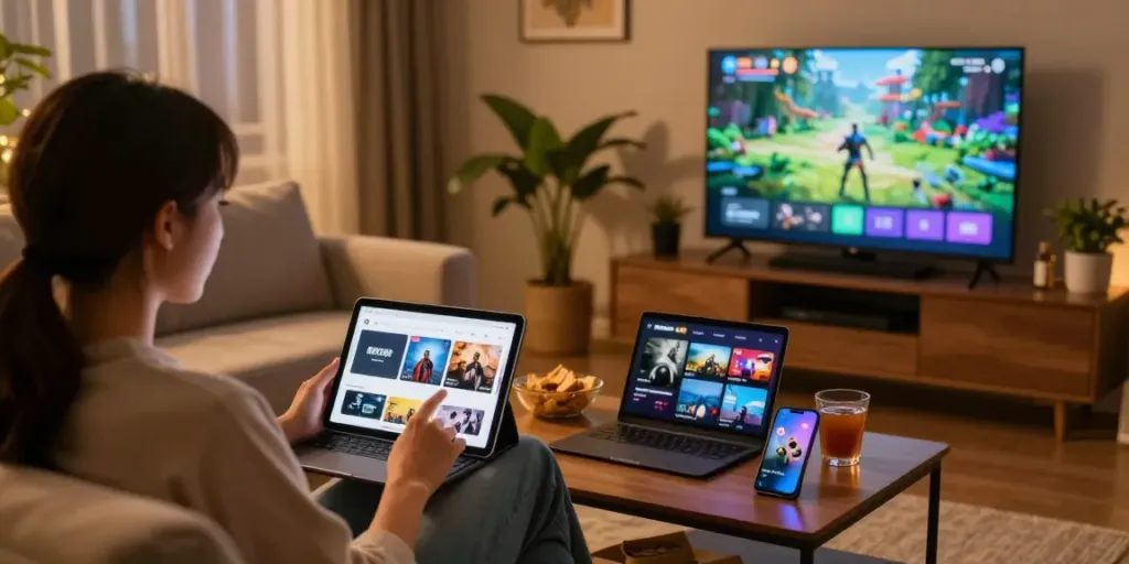 Experience the comfort of ROKOK88 with a cozy home entertainment setup featuring digital gaming and streaming content.