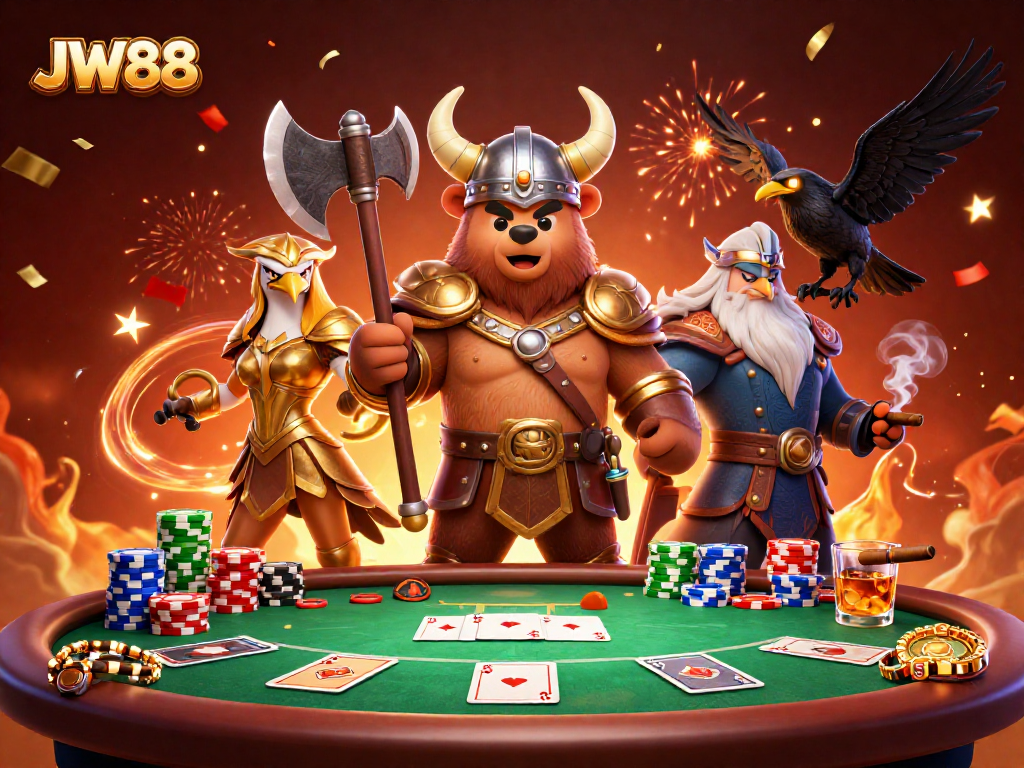 JW88 Viking bear and Valkyrie celebrate with poker chips and cards in a vibrant casino scene.