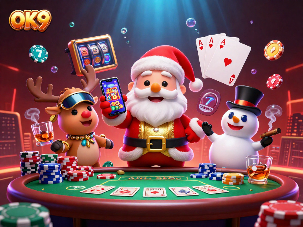 Spin jackpot slots with OK9 at an exciting casino scene featuring Santa and friends.