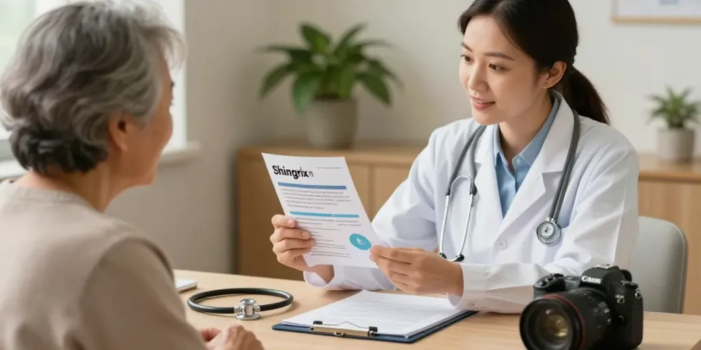 Gesprek over shingrix vaccinatie tussen zorgprofessional en oudere patiënt in clinische omgeving.