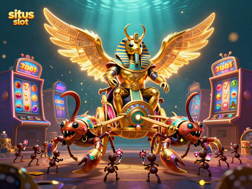 Spin the reels with dynamic situs slot illustration featuring a golden scarab and vibrant casino elements.