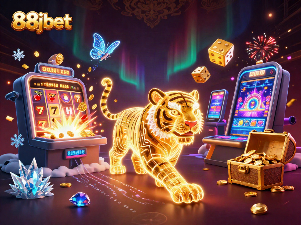 Experience excitement with 88jbet's animated digital casino scene featuring a golden tiger and vibrant jackpots.