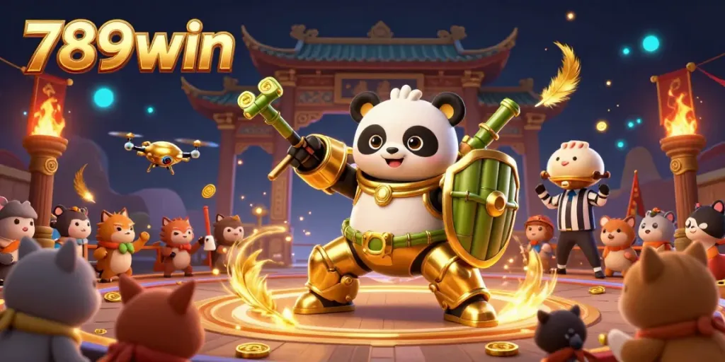 Join the thrilling action at 789win with a dynamic illustration of a golden panda in mech-suit combat.