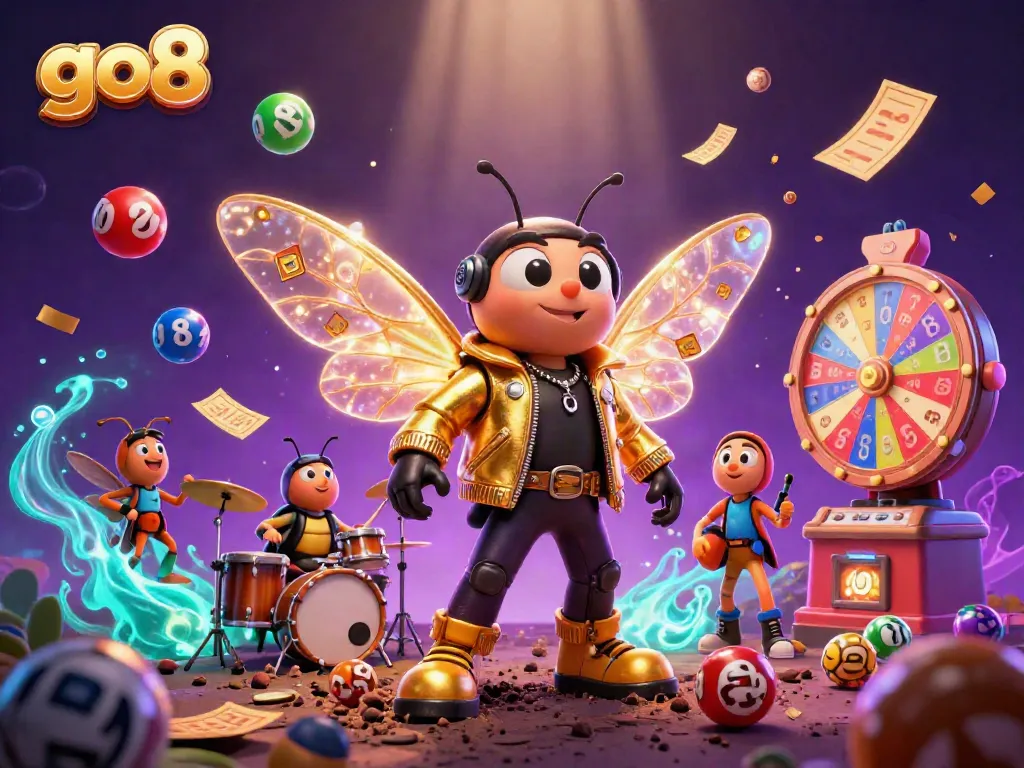 Engage with go8 as the cartoon cicada rock star performs amidst vibrant lottery elements.