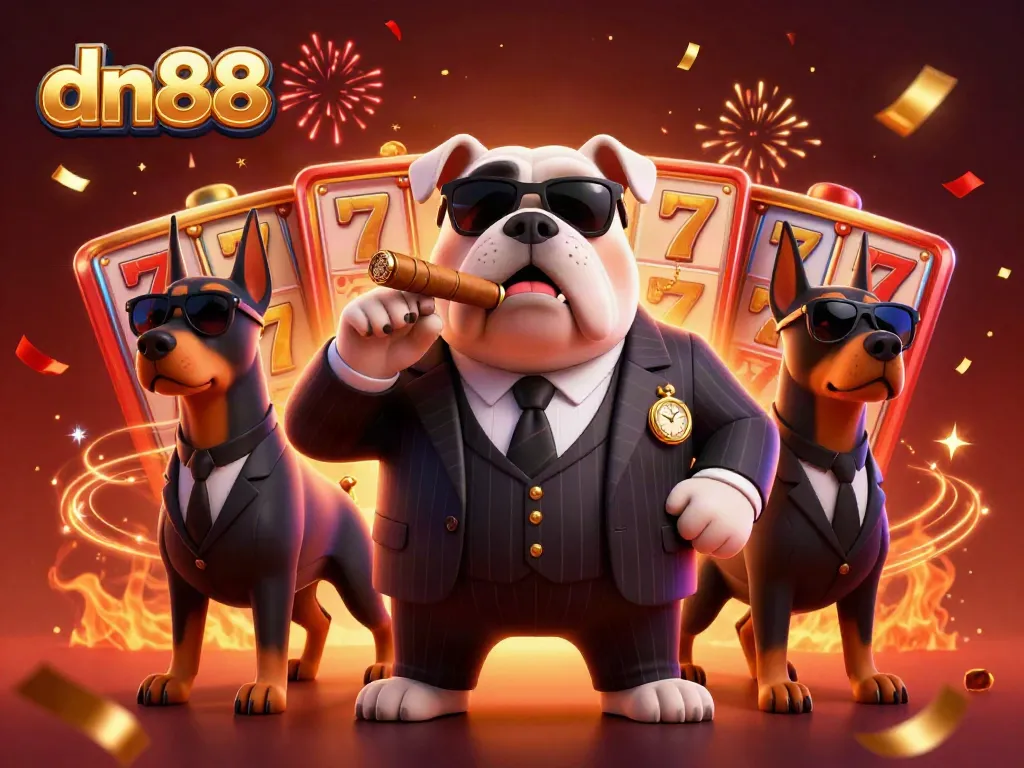 Engage in thrilling slots with dn88 as a 3D cartoon mafia bulldog and bodyguards celebrate with confetti.