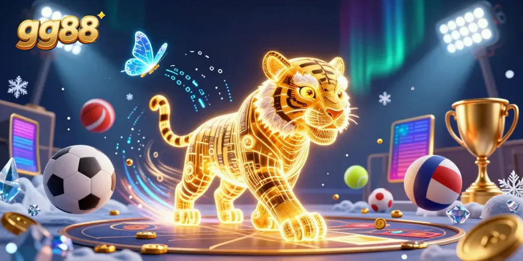 Experience the excitement of gg88 with a lively casino scene featuring a vivid golden tiger and holographic elements.