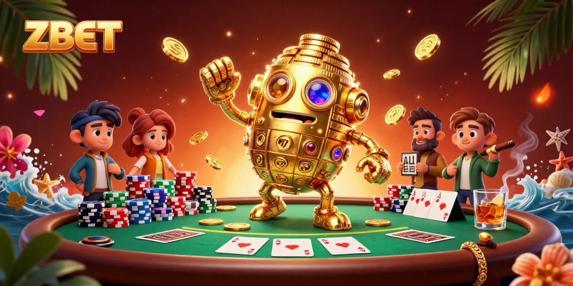 ZBET offers thrilling poker gameplay amid a vibrant casino atmosphere featuring gold golem and poker elements.