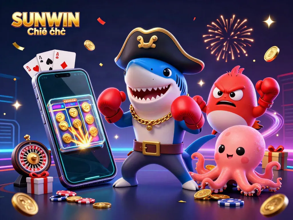 Experience the excitement of gaming with SUNWIN Chính thức featuring cartoon characters, slots, and coins.
