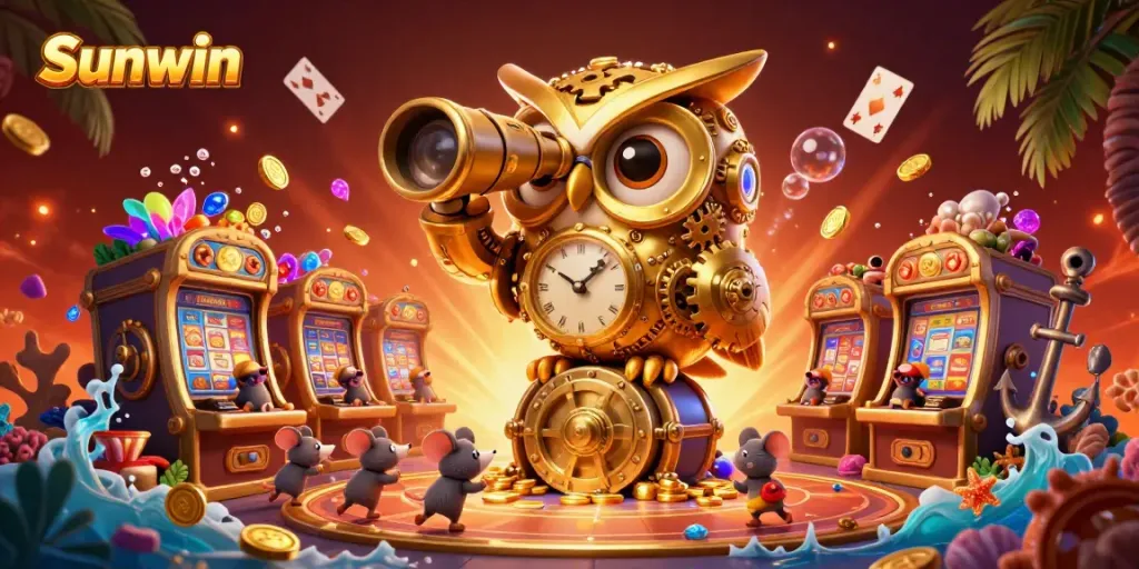Engage with the golden clockwork owl in an adrenaline-filled Sunwin casino scene.