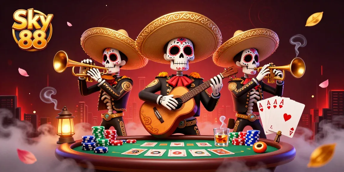 Win big at Sky 88 with immersive poker action surrounded by vibrant Day of the Dead art.